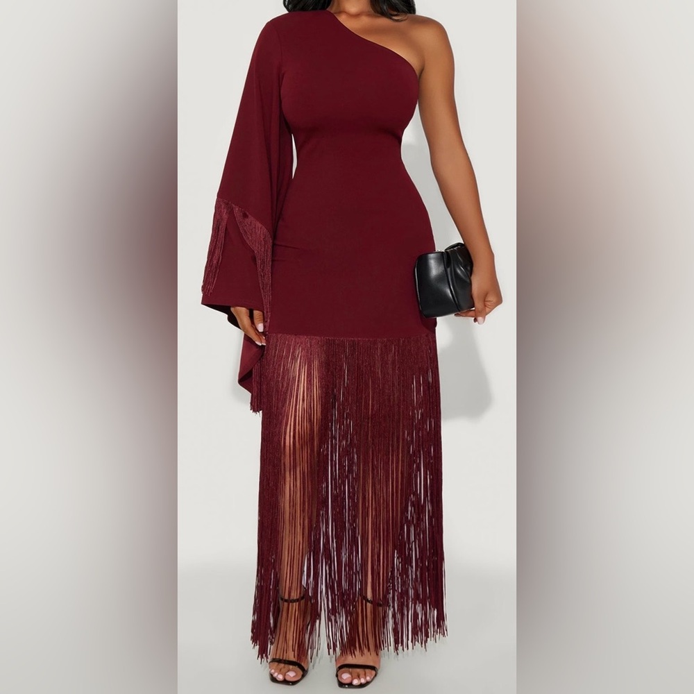 Brand New: Dare and Seear Elegant Burgundy Fringe Maxi Dress